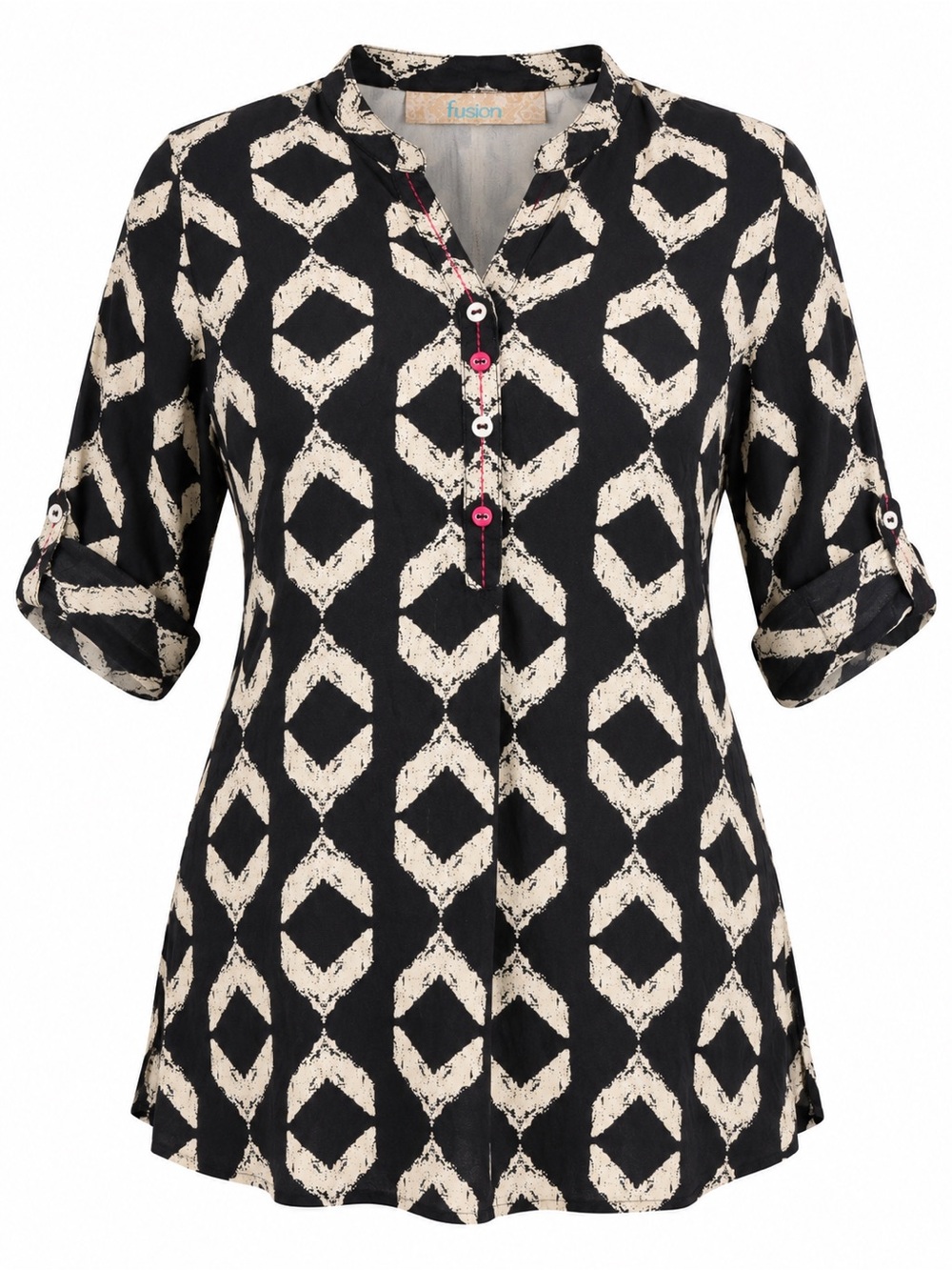 Fusion Plus Size XXL Black Cream Geometric Print Roll Tab Sleeve Tunic Top